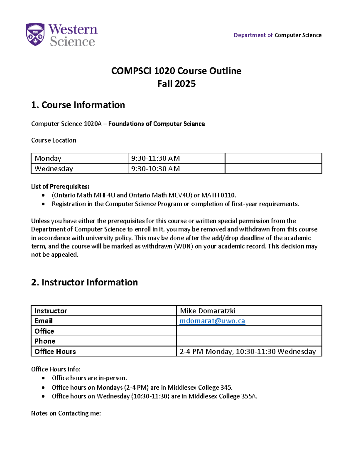 CS 1020A FW25 - Foundations of Computer Science Course Outline - Studocu