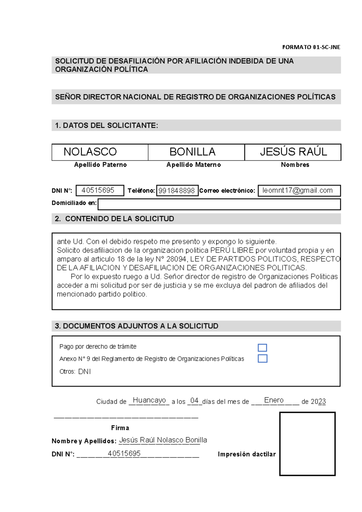 Solicitud de Desafiliación de Organización Política - Formato 01-SC-JNE - Document Preview