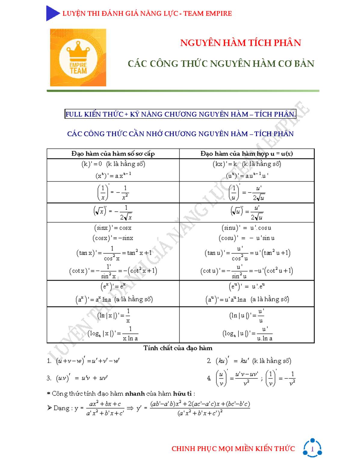 CÁC CÔNG THỨC NGUYÊN HÀM CƠ BẢN VÀ TÍCH PHÂN - CÁC KỸ NĂNG CẦN THIẾT - Document Preview