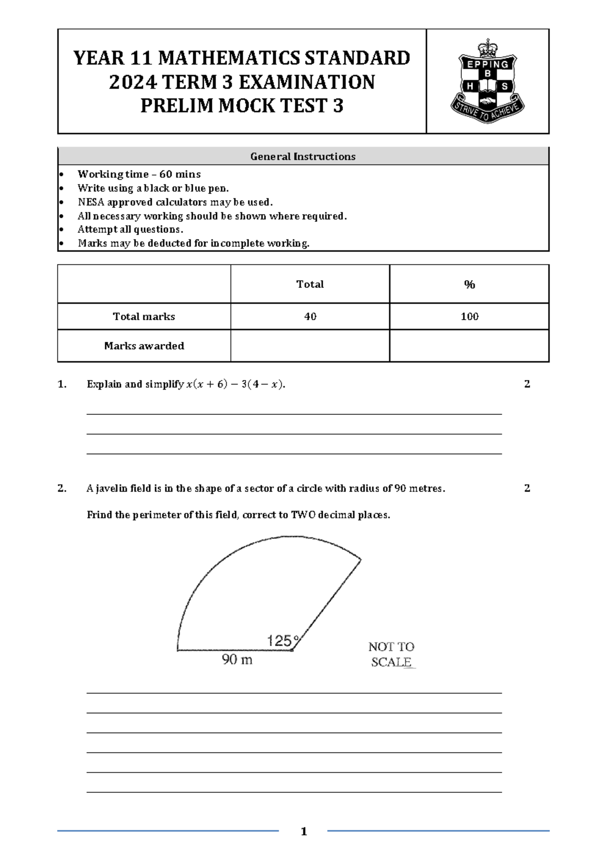2024 Yr11 Mathematics Standard T3 Prelim Mock Exam 3 - Studocu