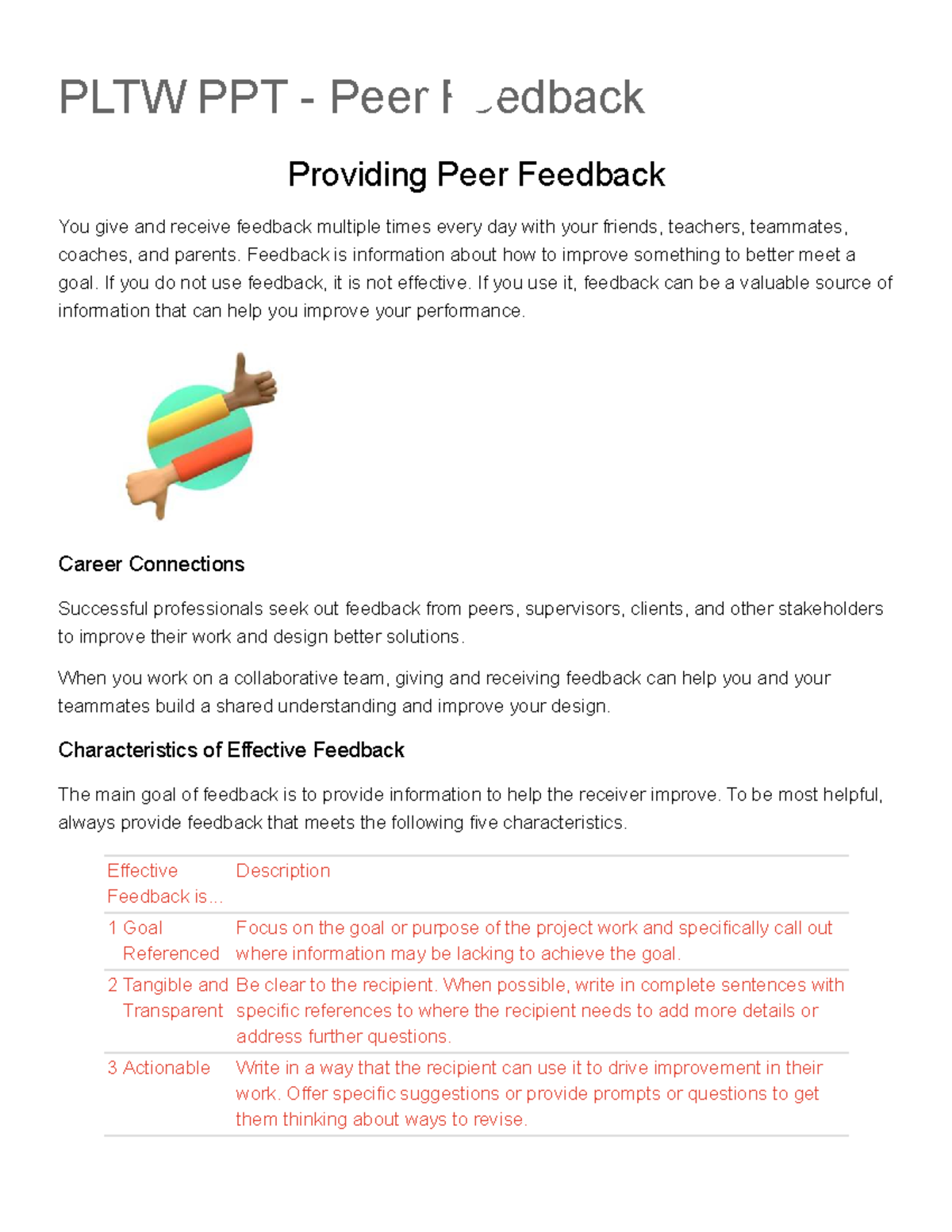 PLTW PPT - Peer Feedback Strategies and Characteristics - Studocu