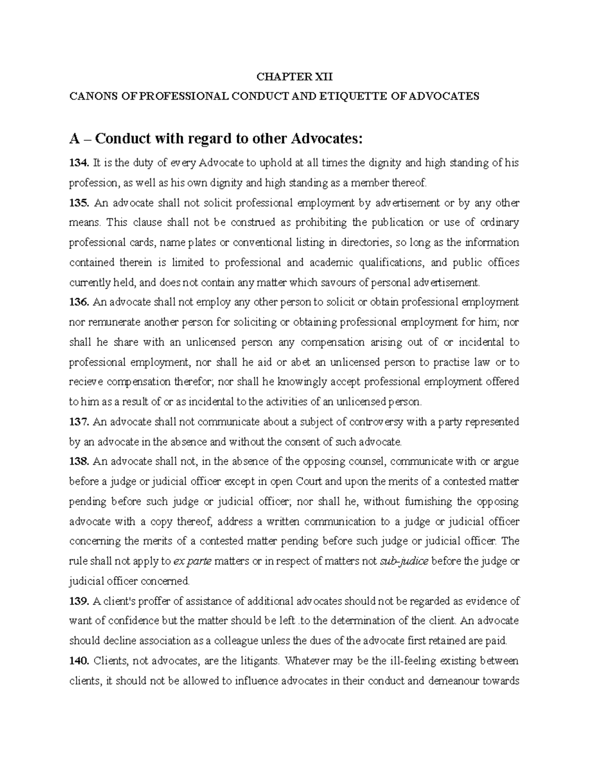 Canons of Professional Conduct for Advocates - Chapter XII - Studocu