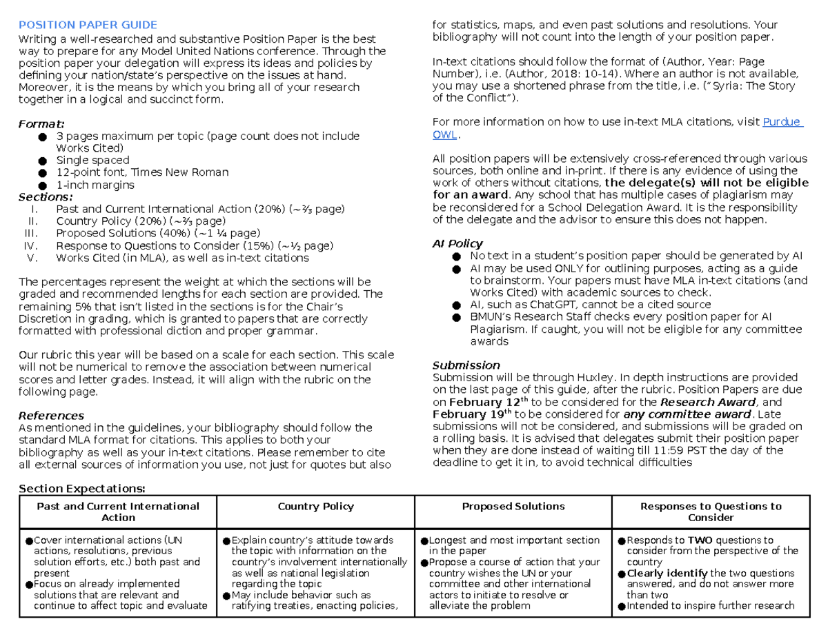 MUN 101: Comprehensive Guide to Writing a Position Paper - Studocu