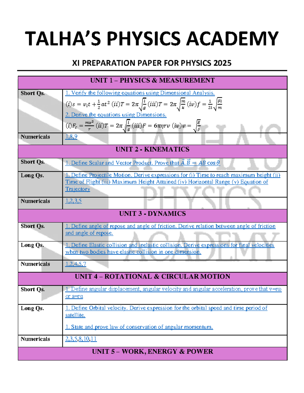 PHYSICS ACADEMY XI PREPARATION PAPER 2025: UNIT 1-10 Q&A - Studocu