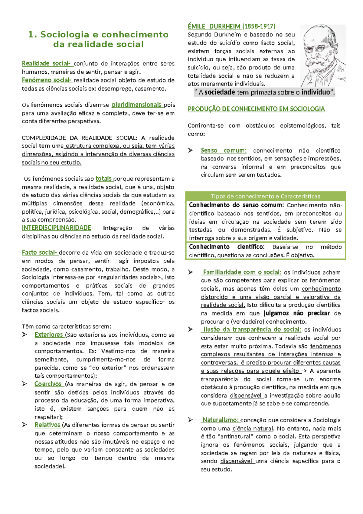 Resumos de Sociologia: Conhecimento e Realidade Social - Studocu