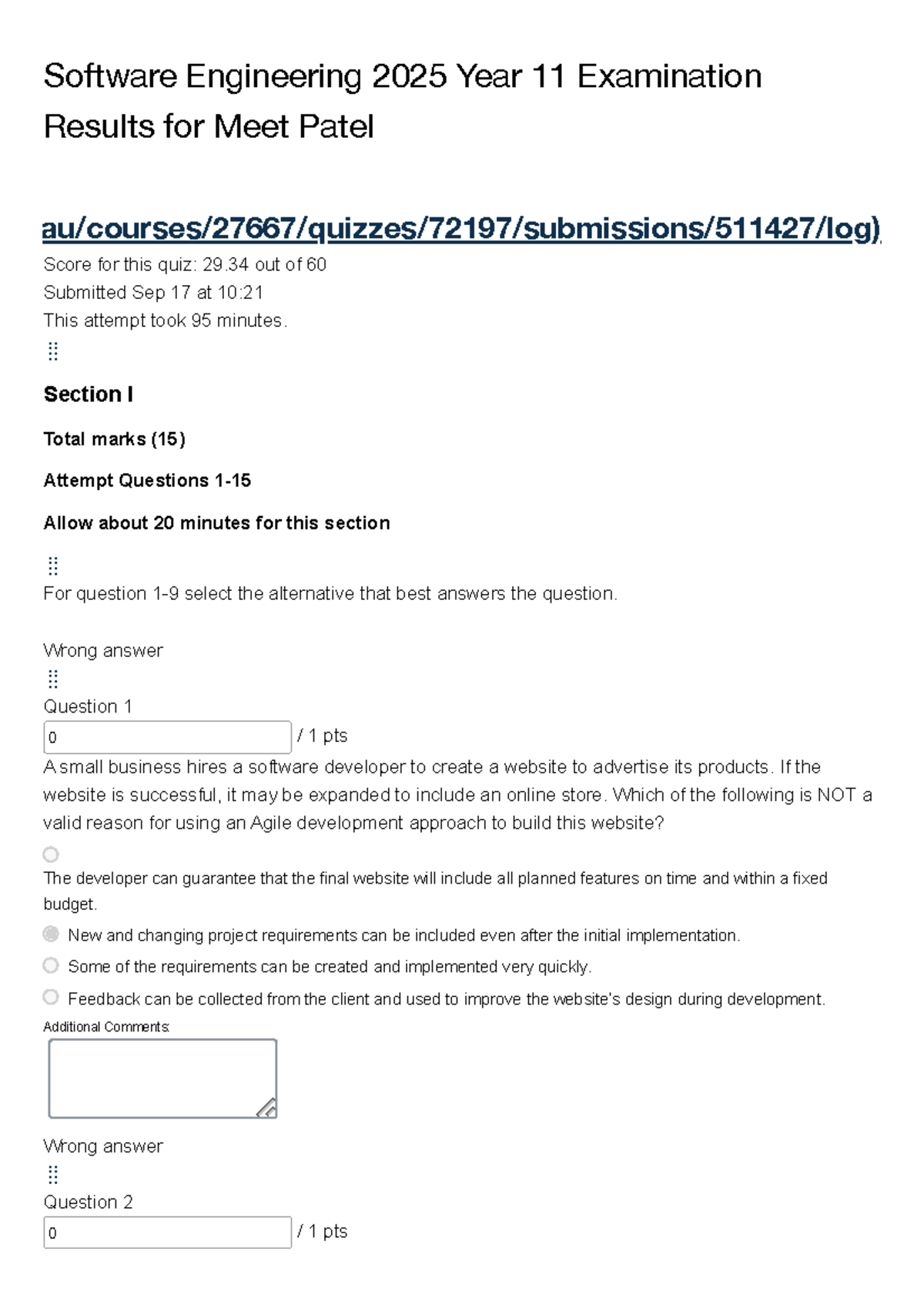 Software Engineering 2025 Year 11 Quiz Results for Meet Patel - Studocu