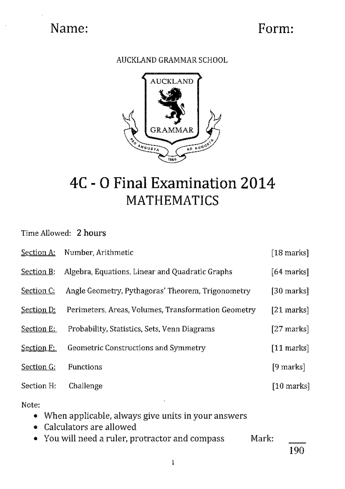 AGS 4C O Final Exam Mathematics 2014 - Comprehensive Review - Studocu