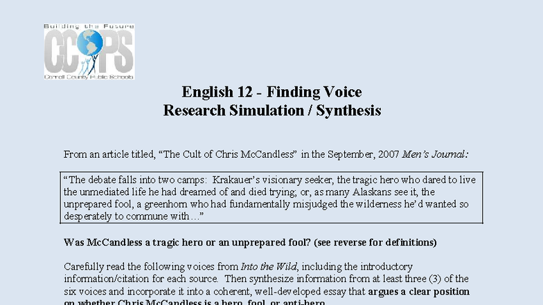 English 12 Summative Essay: Analyzing Chris McCandless as Hero or Fool ...