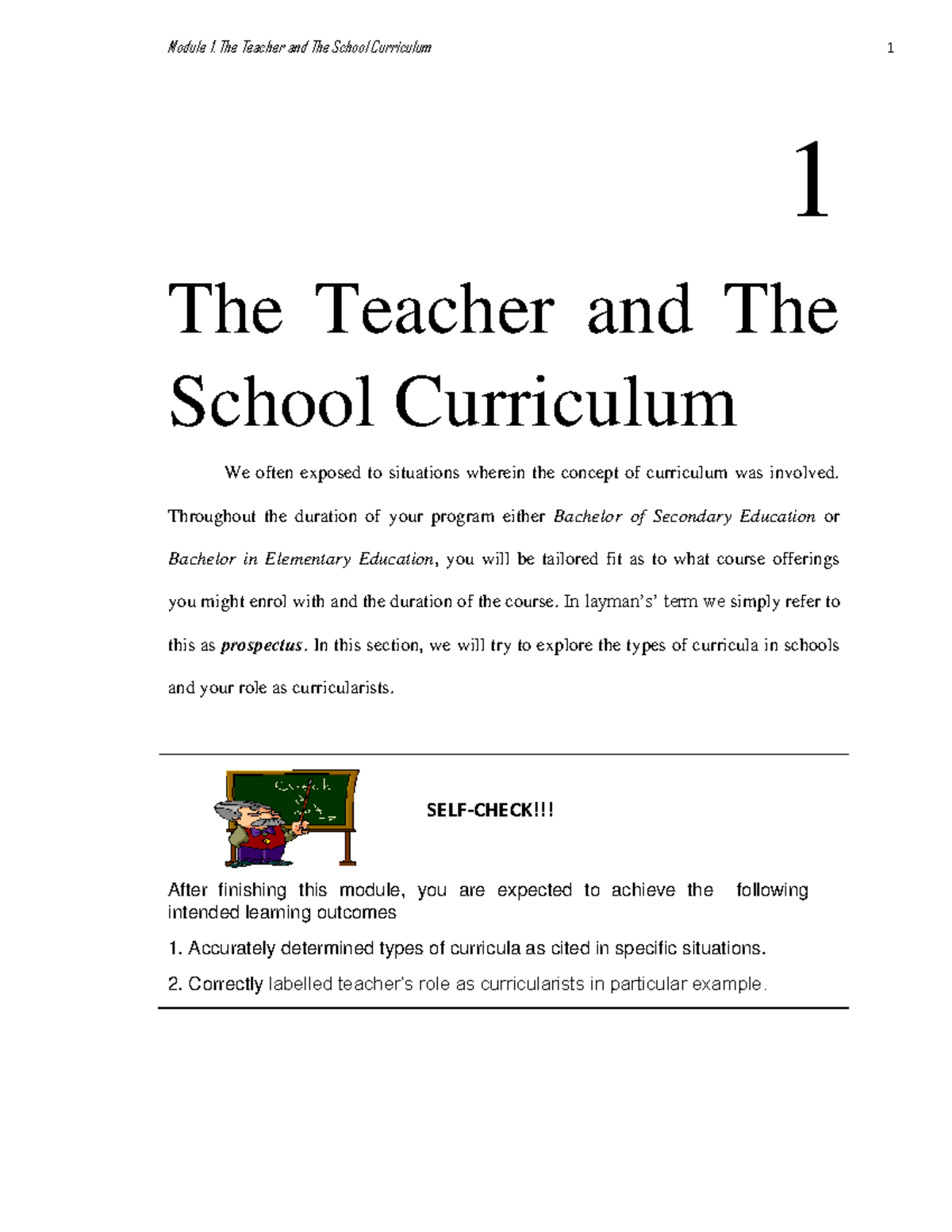 Module 1: Understanding the Teacher's Role in School Curriculum - Studocu