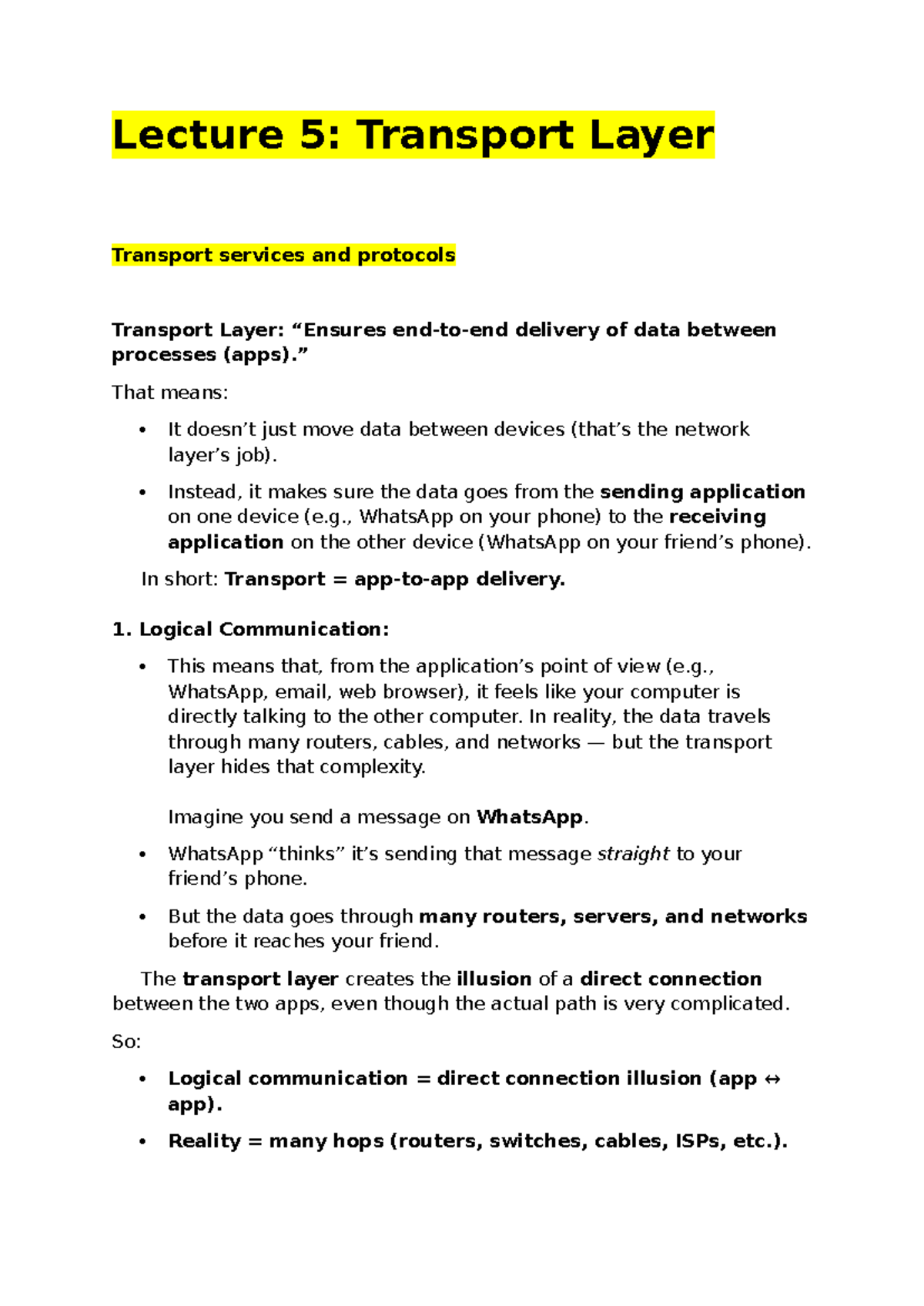 Lecture 5: Transport Layer Services & Protocols Overview - Studocu