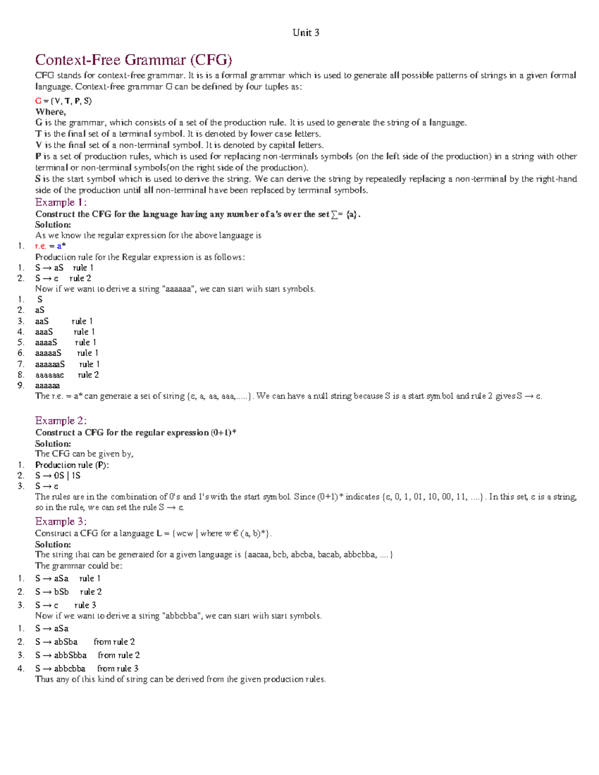 Unit 3 Grammar Notes (CFG) for Automata Theory (TAFL) - Studocu