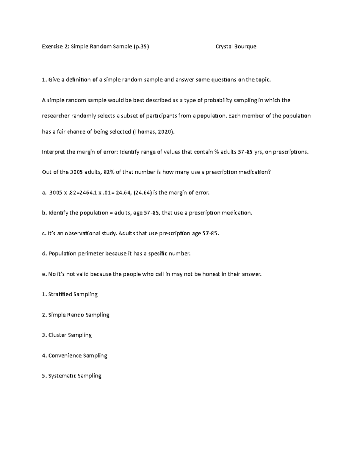 Exercise 1-2: Simple Random Sample Analysis and Definitions - Studocu