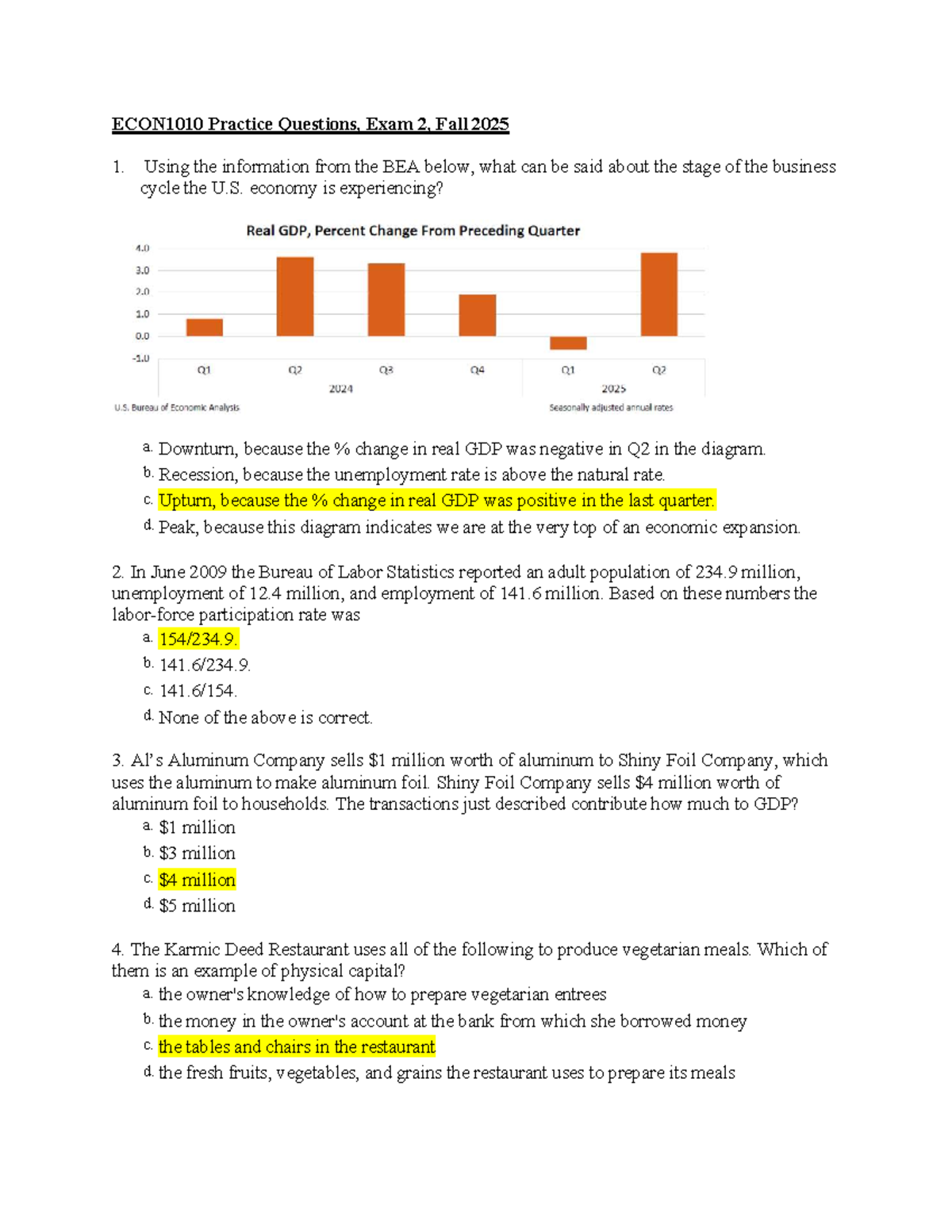 ECON1010 Exam 2 Practice Questions, Fall 2025 - Studocu