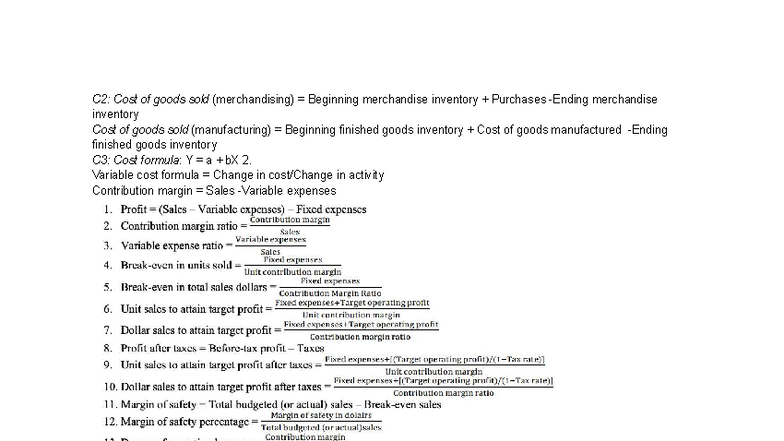 ACCT2230 - formula sheet - C2: Cost of goods sold (merchandising ...