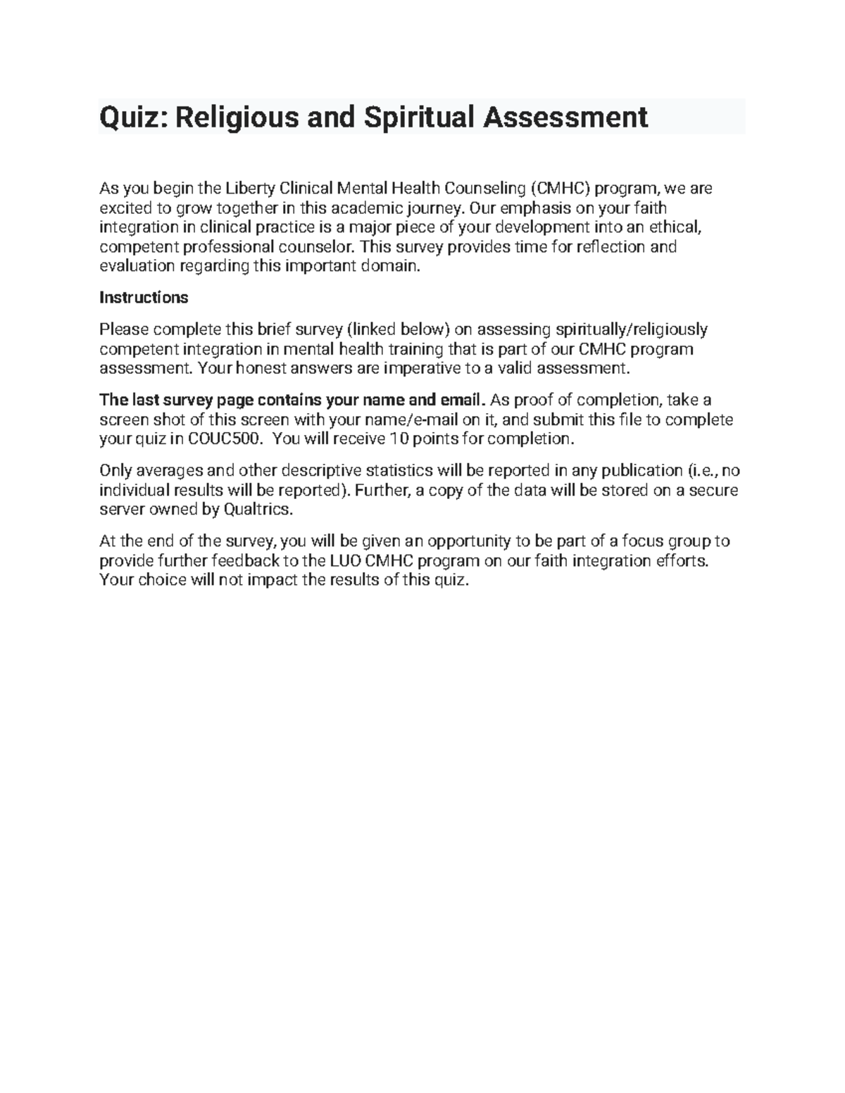 Quiz: Religious & Spiritual Assessment for CMHC COUC500 - Studocu