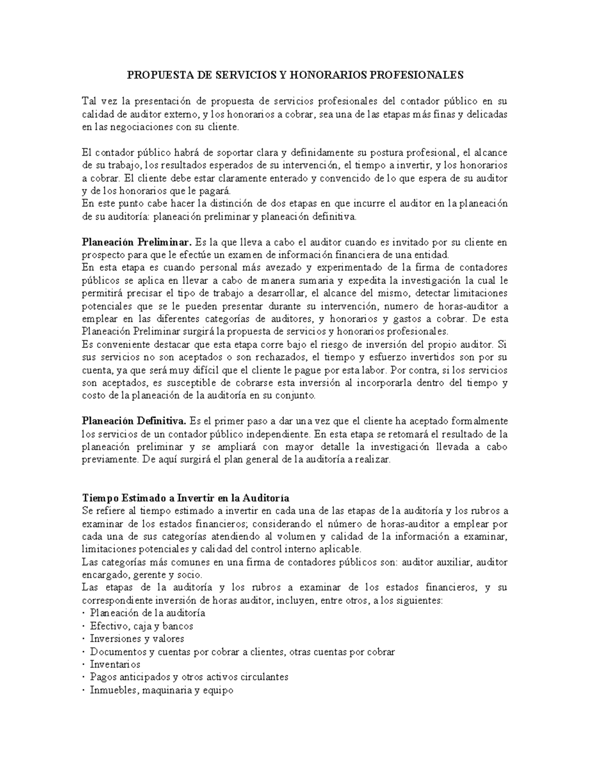 Propuesta de Honorarios y Servicios Profesionales de Auditoría - Studocu