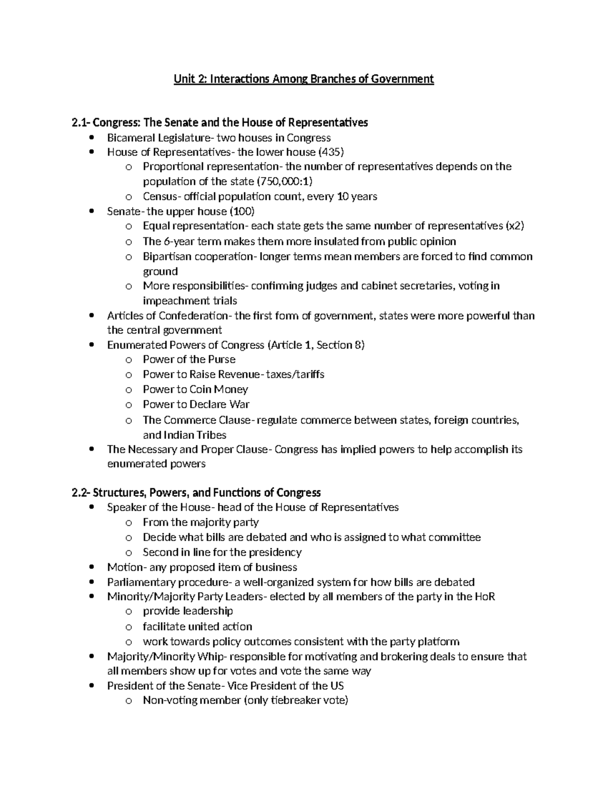 AP Gov Unit 2: Interactions Among Branches of Government Notes - Studocu