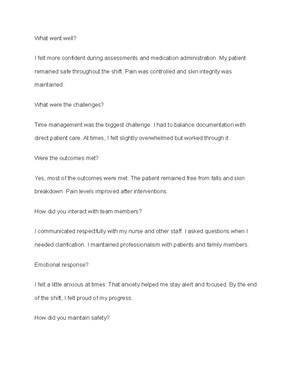 Reflection on Patient Care: Successes and Challenges in Nursing - Studocu