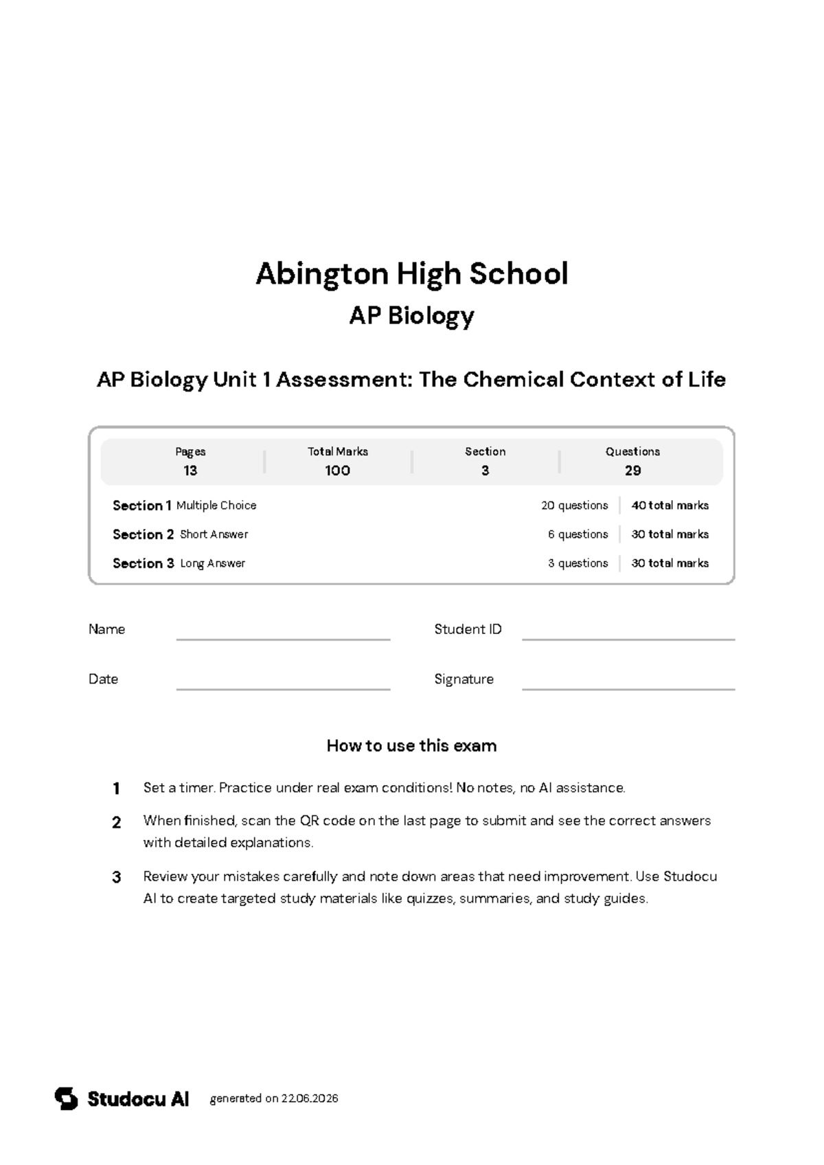 AP Biology Unit 1 Assessment: Chemical Context of Life - Studocu