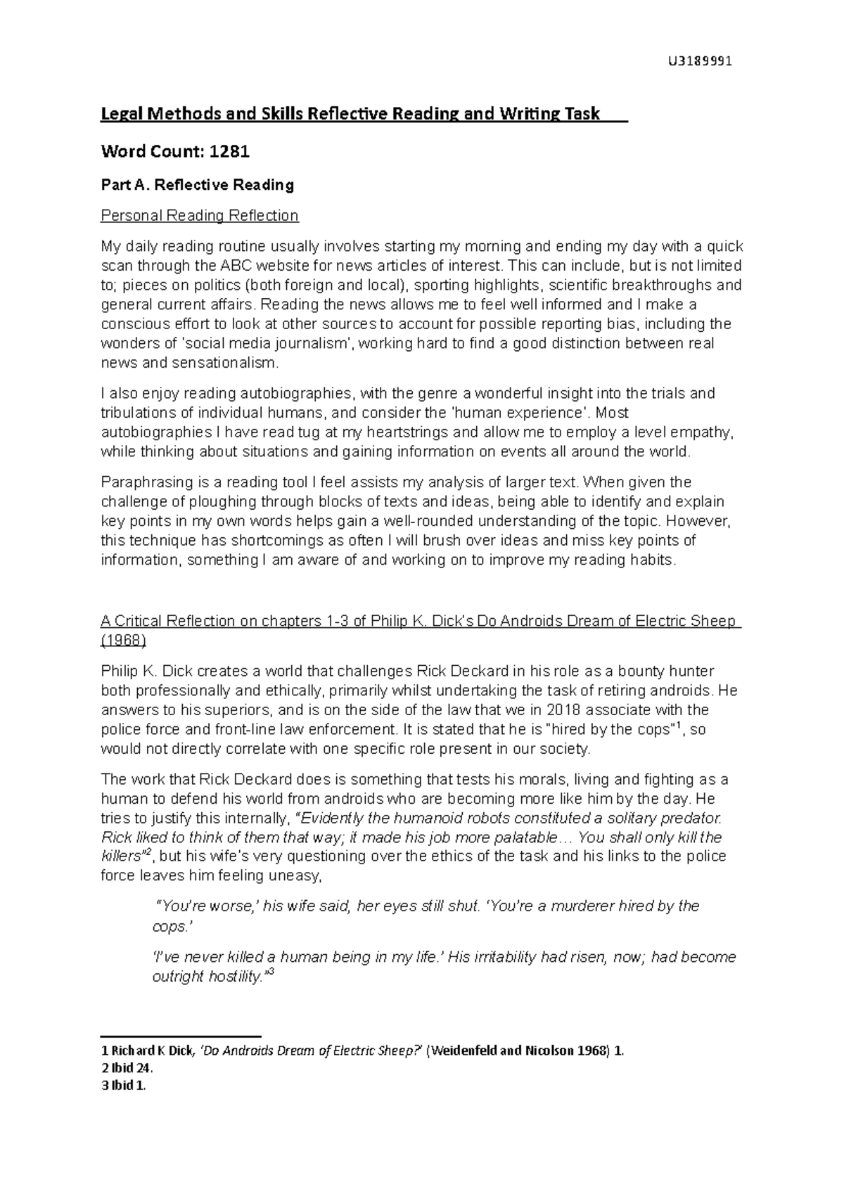 Reflective Reading and Writing Task Unit 6601 - Legal Methods and ...