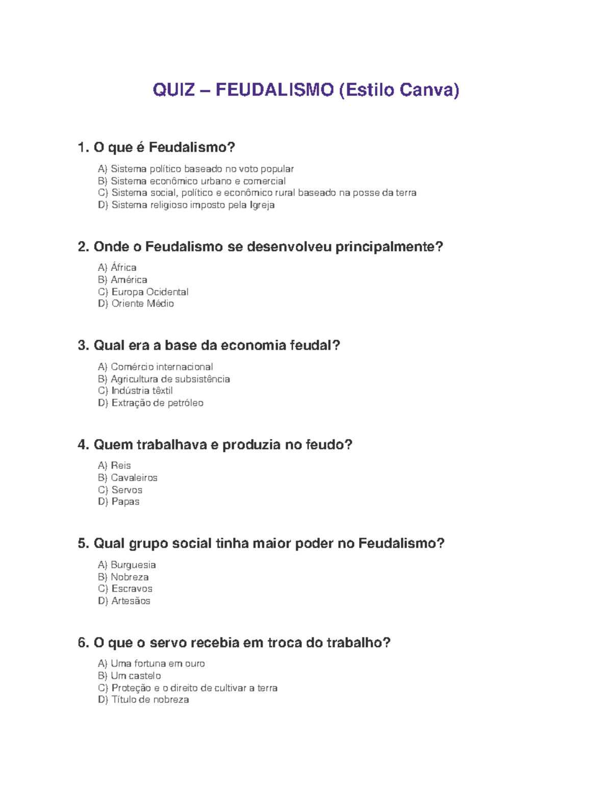 Quiz sobre Feudalismo - Estilo Canva - Studocu