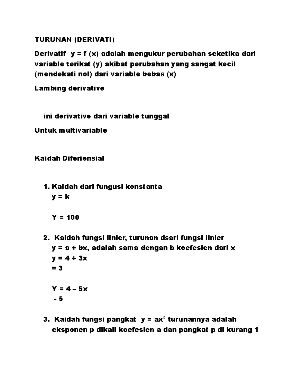 Revise Derivatives Concepts and Rules - Math 101 Notes - Studocu