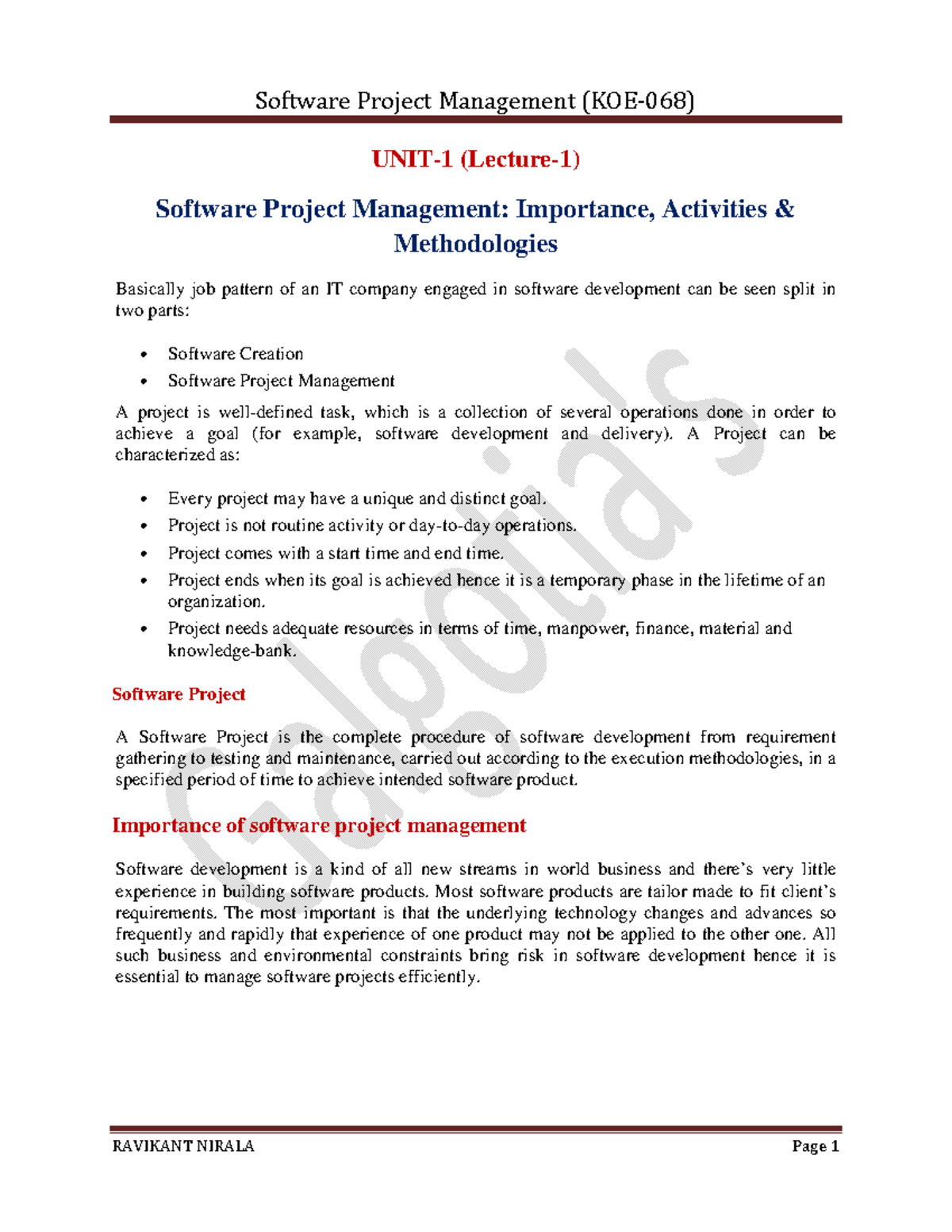 SPM Notes - UNIT-1 (Lecture-1) Software Project Management: Importance ...