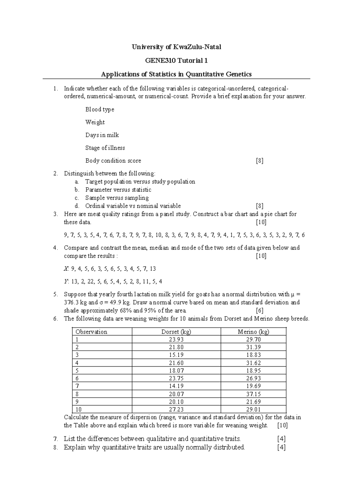 GENE310 Tutorial 1: Applications of Statistics in Quantitative Genetics ...