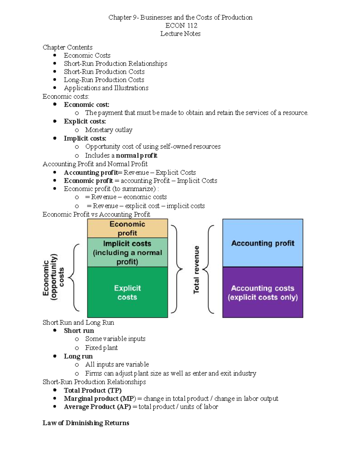 ECON 112 - Chapter 9 Lecture Notes: Businesses & Production Costs - Studocu