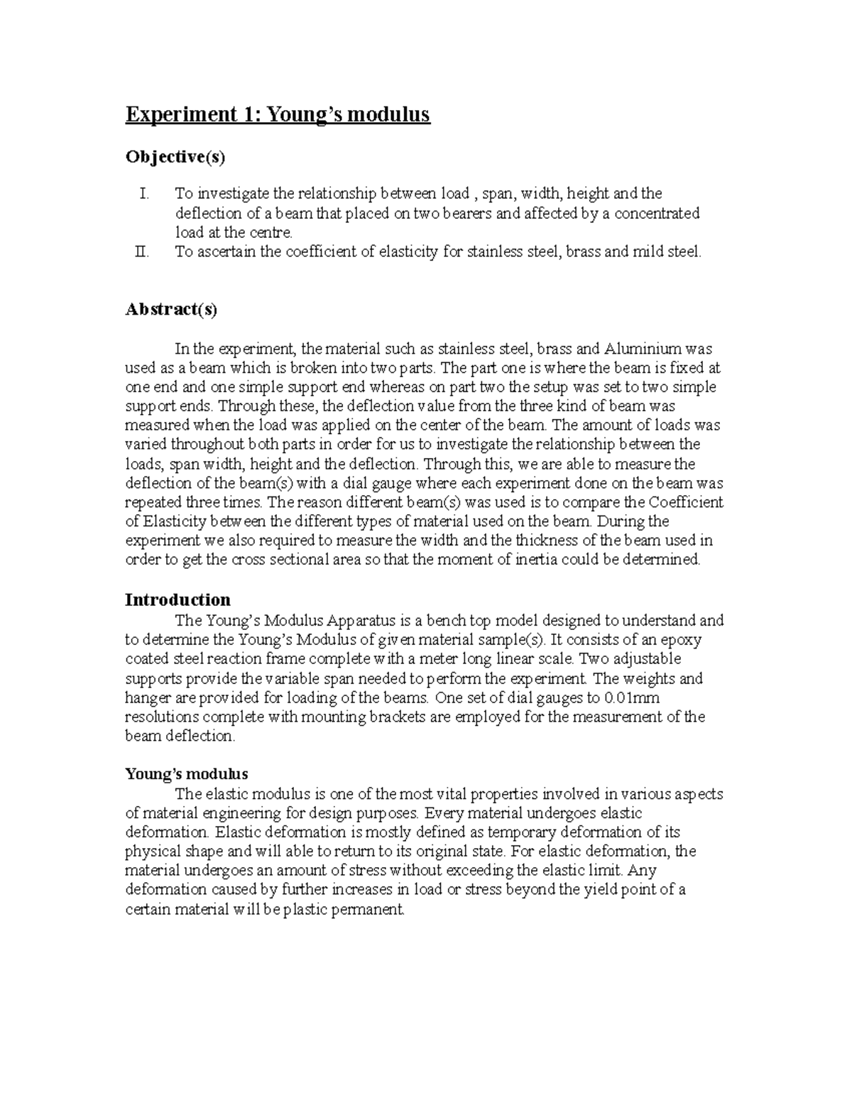 98088184 Young’s Modulus Experiment 1: Analysis of Beam Deflection ...