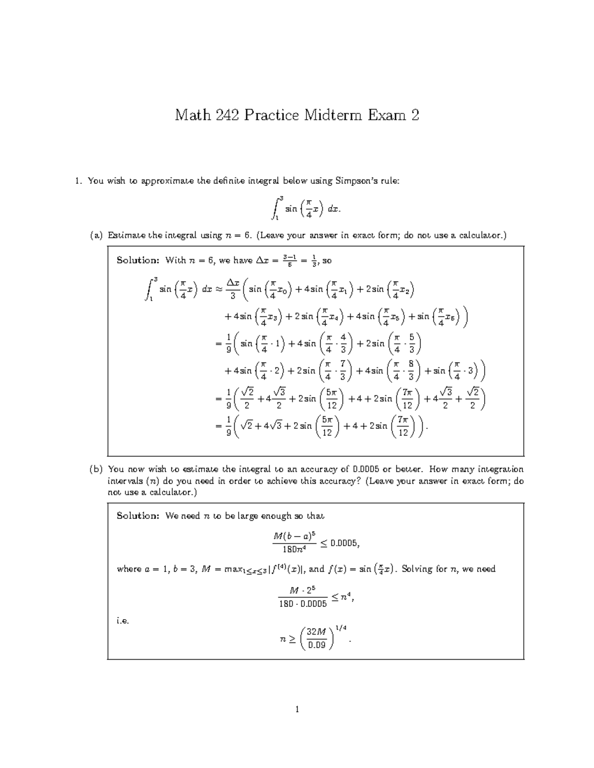 Math 242 Practice Midterm Exam 2 Solutions and Approximations - Studocu