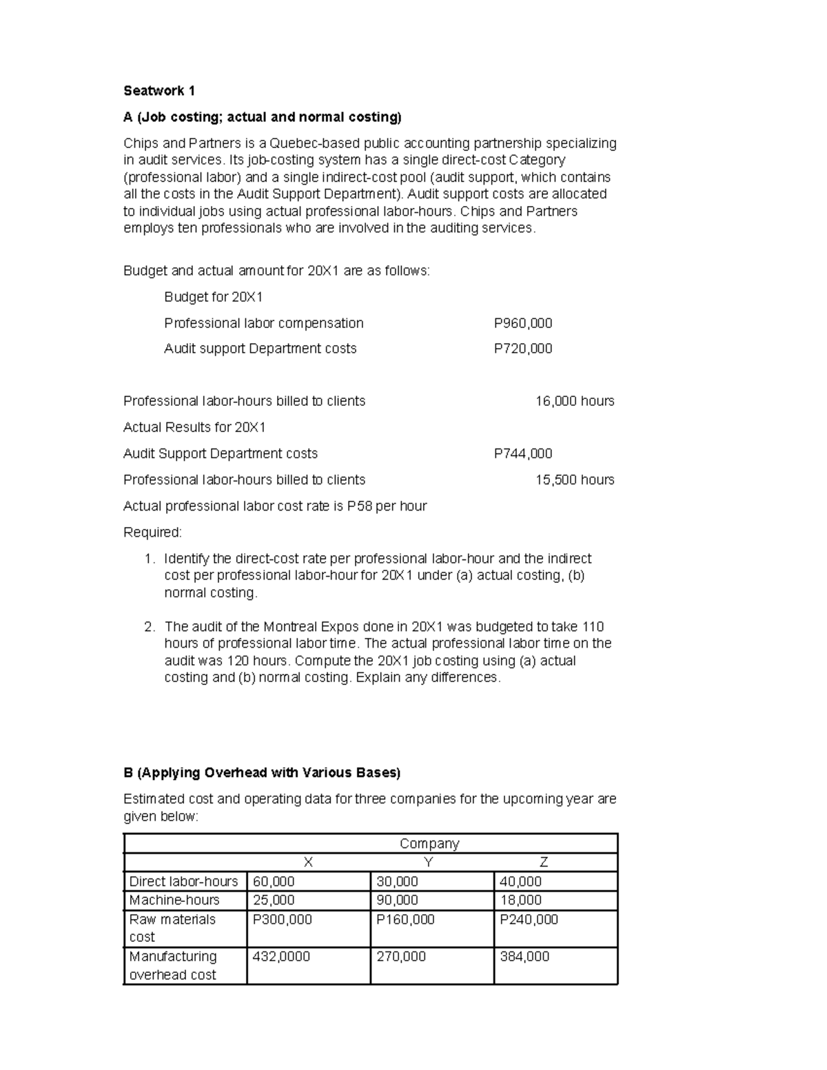 Seatwork 1 A: Job Order Costing & Costing Methods Analysis - Studocu