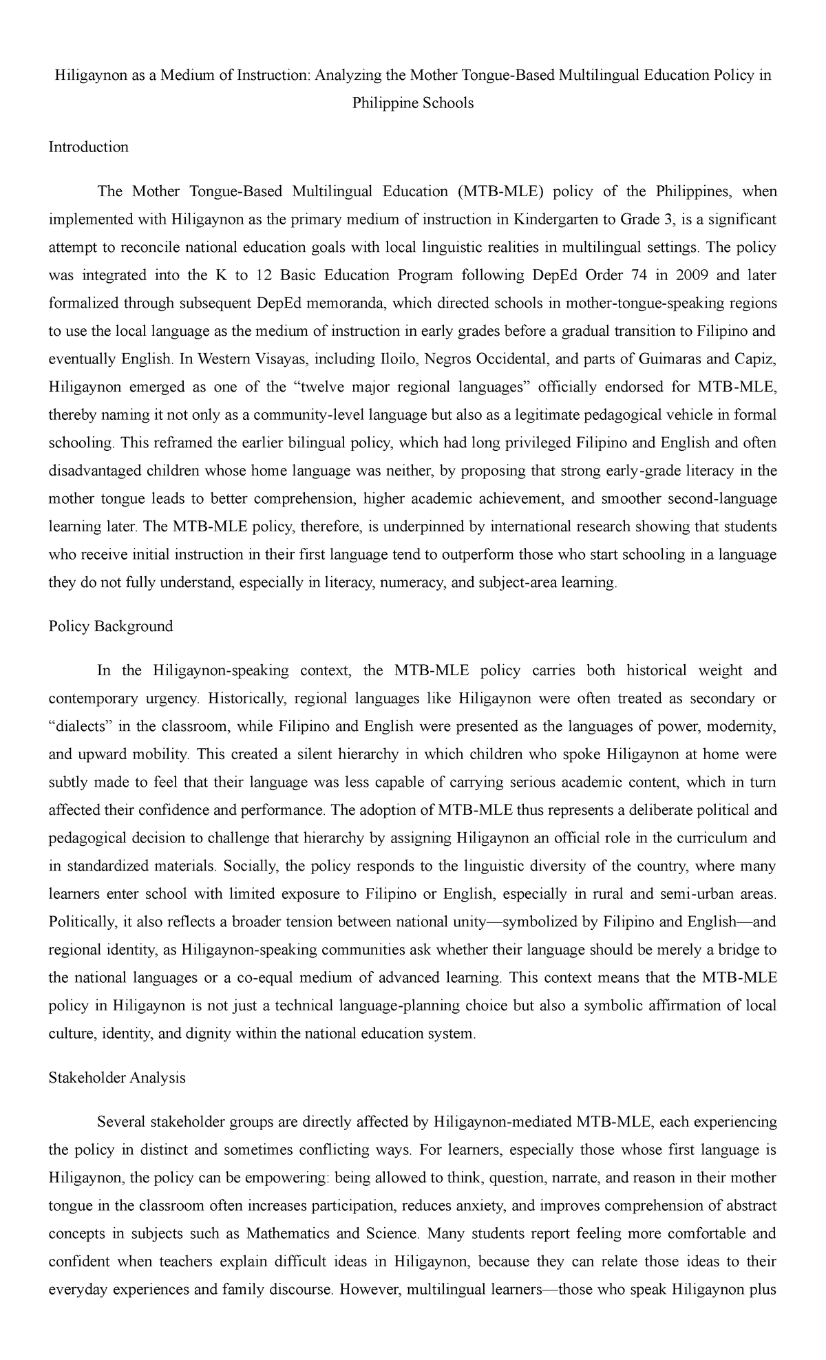 Hiligaynon as Medium of Instruction: Analyzing Multilingual Education ...