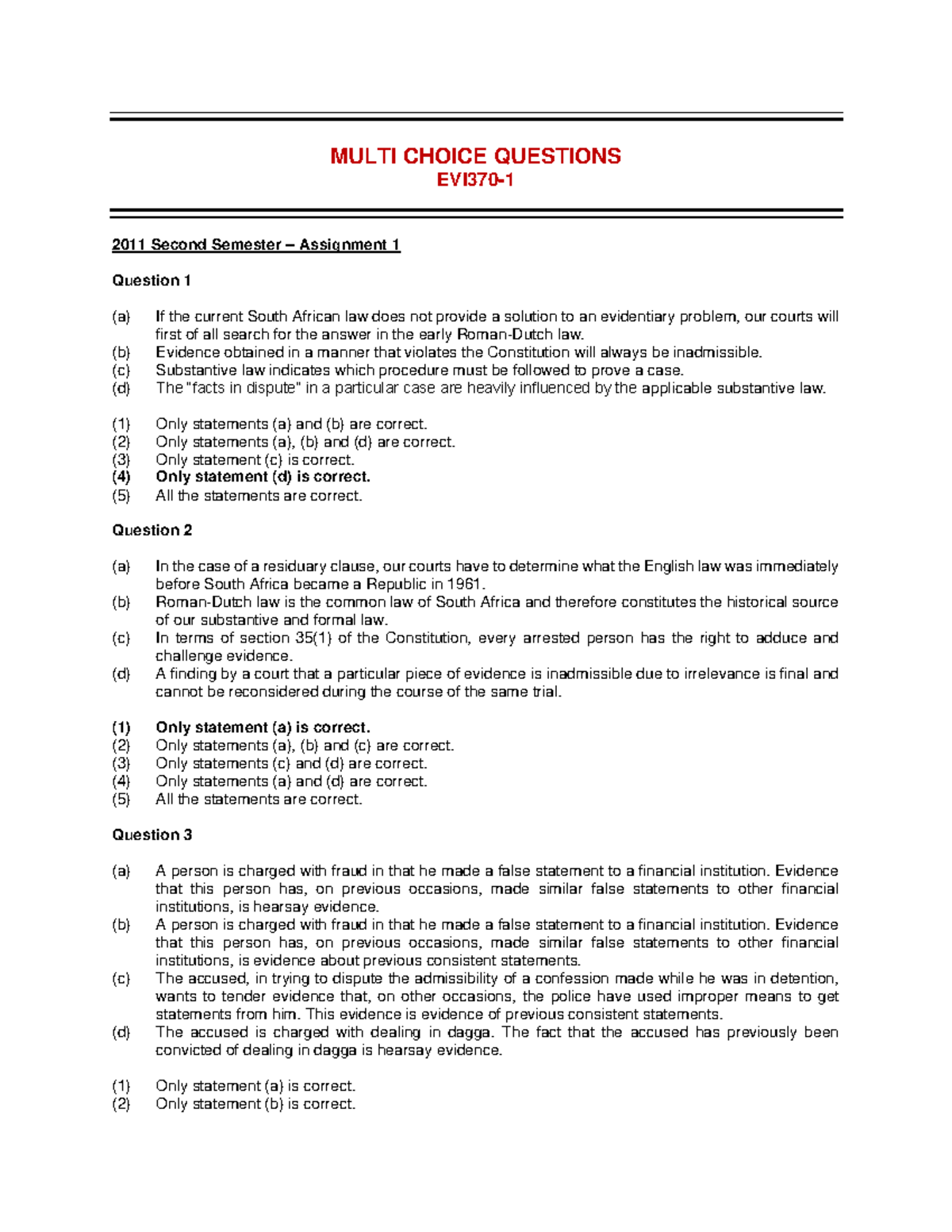 EVI370 - Multiple Choice Questions for Evidence Final Exam (2011) - Studocu