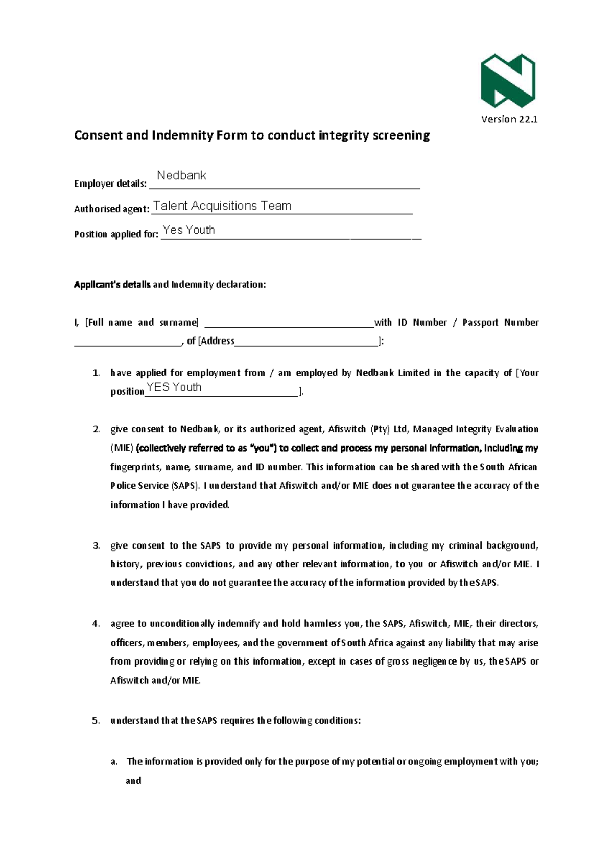 YES Youth 2025 Consent & Indemnity Form for Employment Verification ...