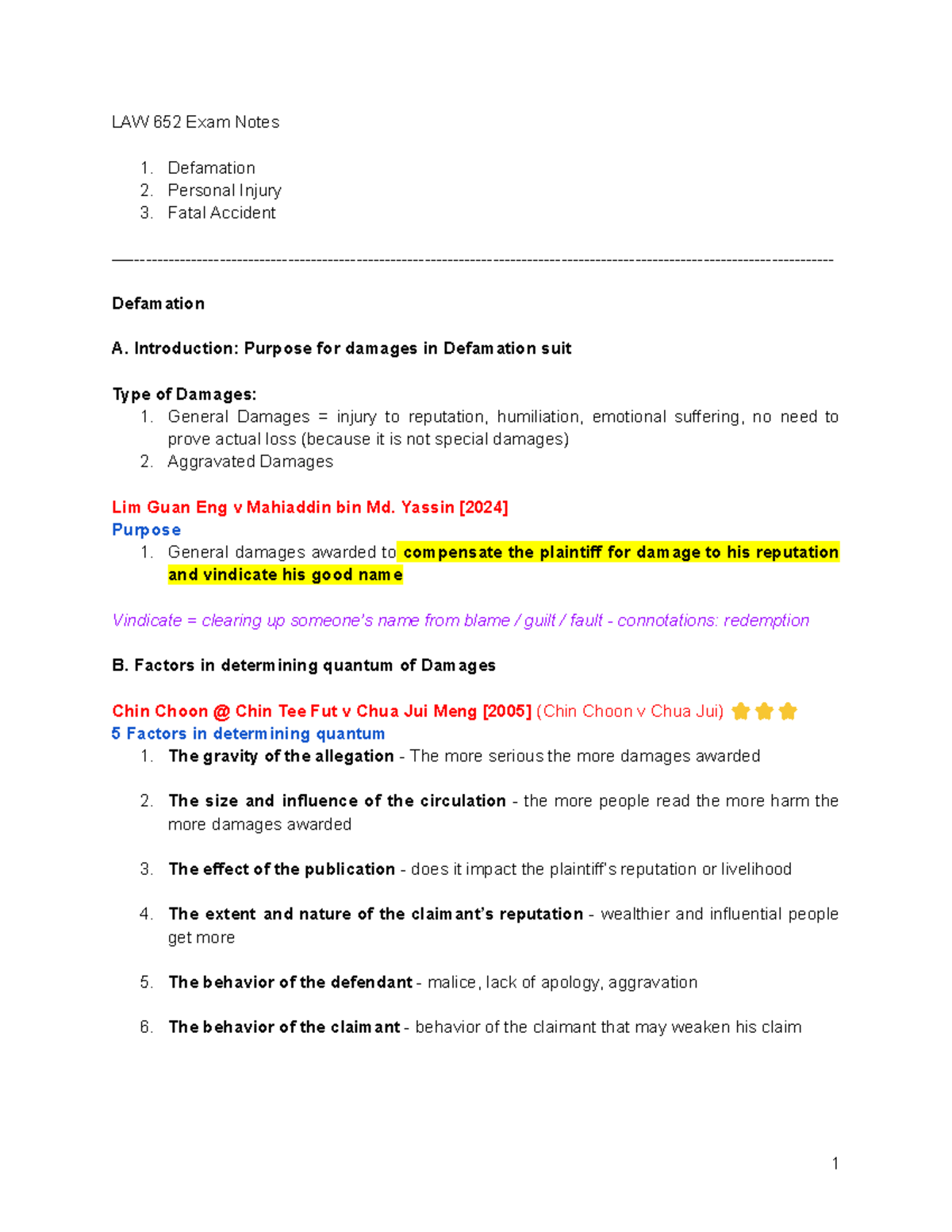 LAW652 Exam Study Notes: Understanding Damages in Defamation Cases ...