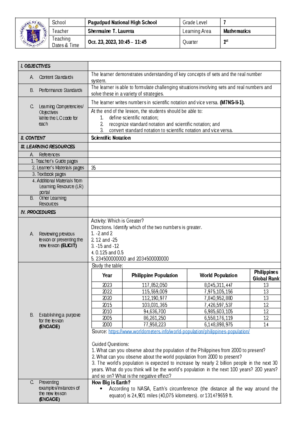 Mathematics Grade 7 DLP: Understanding Scientific Notation - Studocu