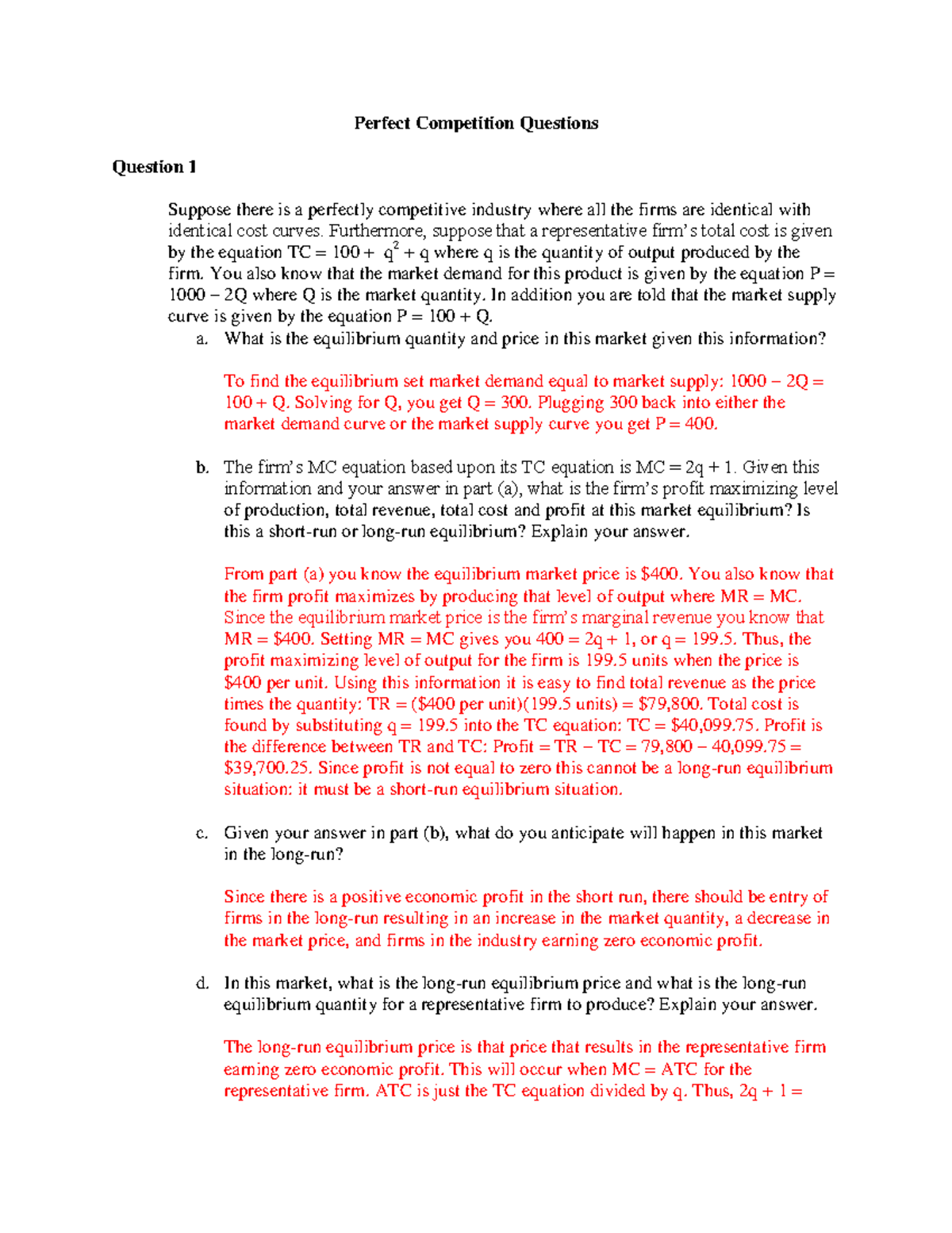 Market Practice Questions on Perfect Competition Analysis - Studocu