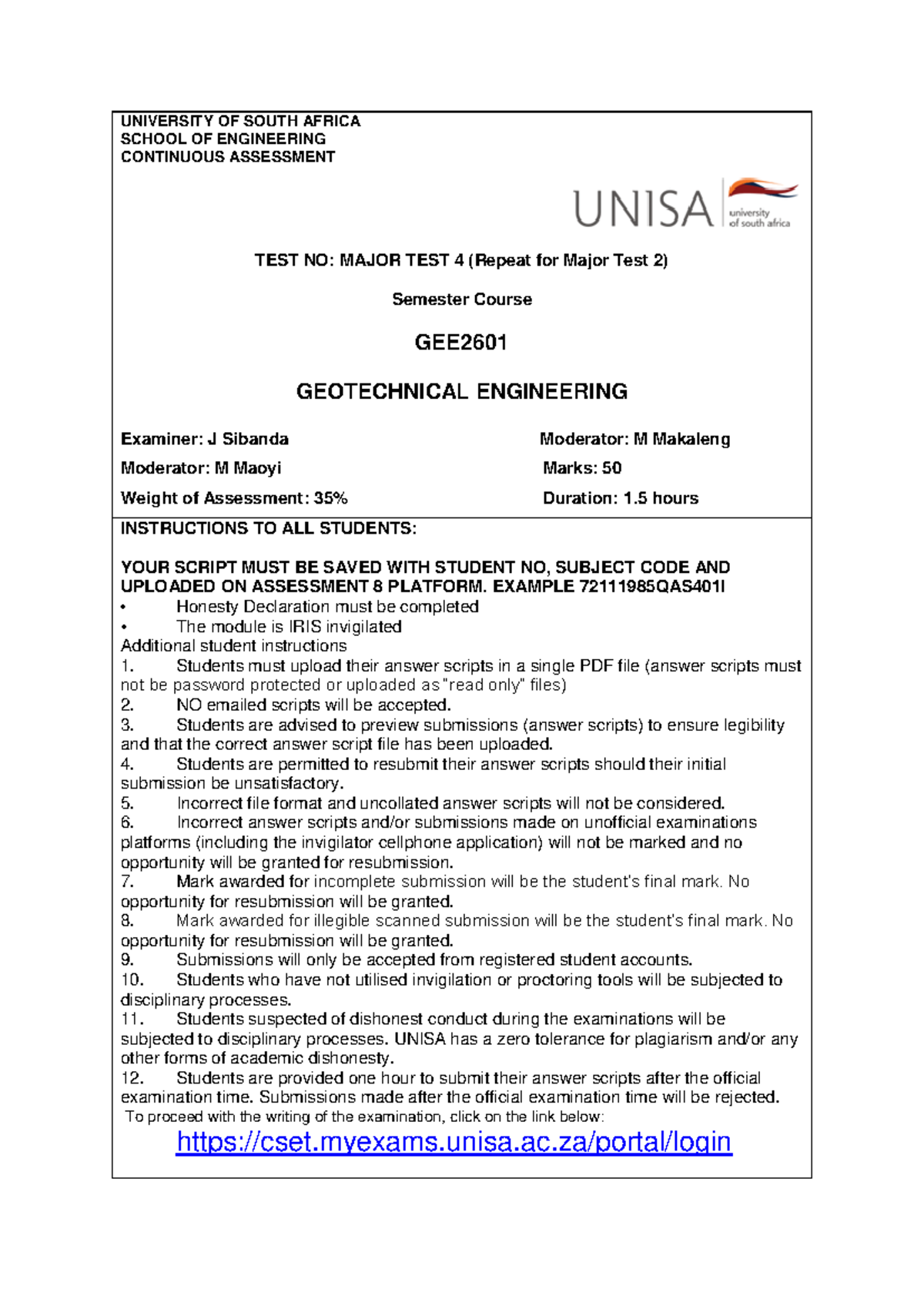 GEE2601 S1 Major Test 4: Geotechnical Engineering Assessment Guide ...
