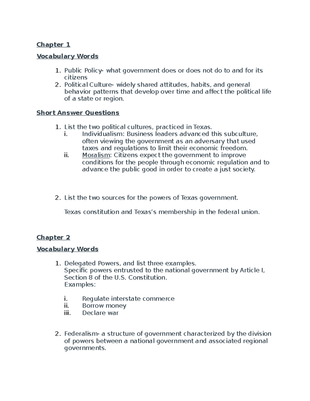 Texas Government GOVT 2306 Final Exam Review Notes - Studocu