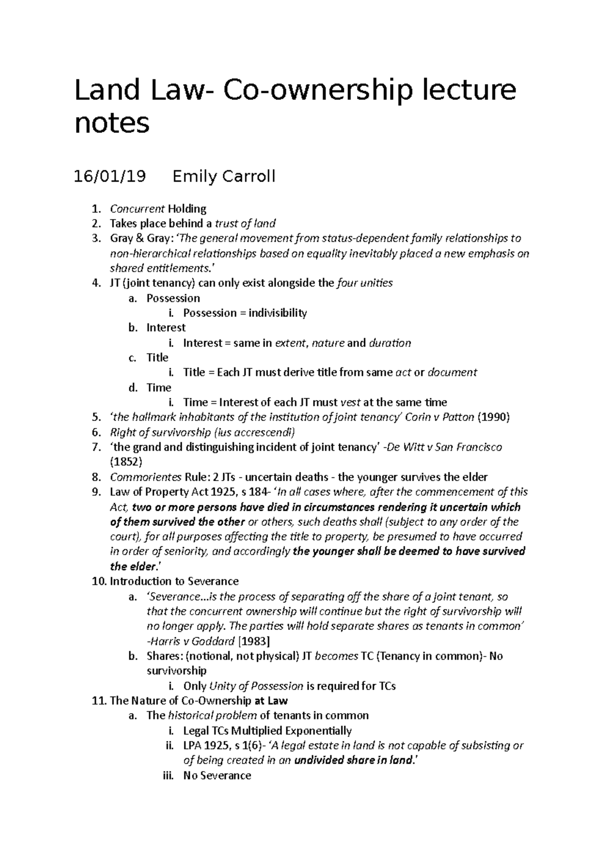 Land Law co ownership lecture notes - Land Law- Co-ownership lecture ...