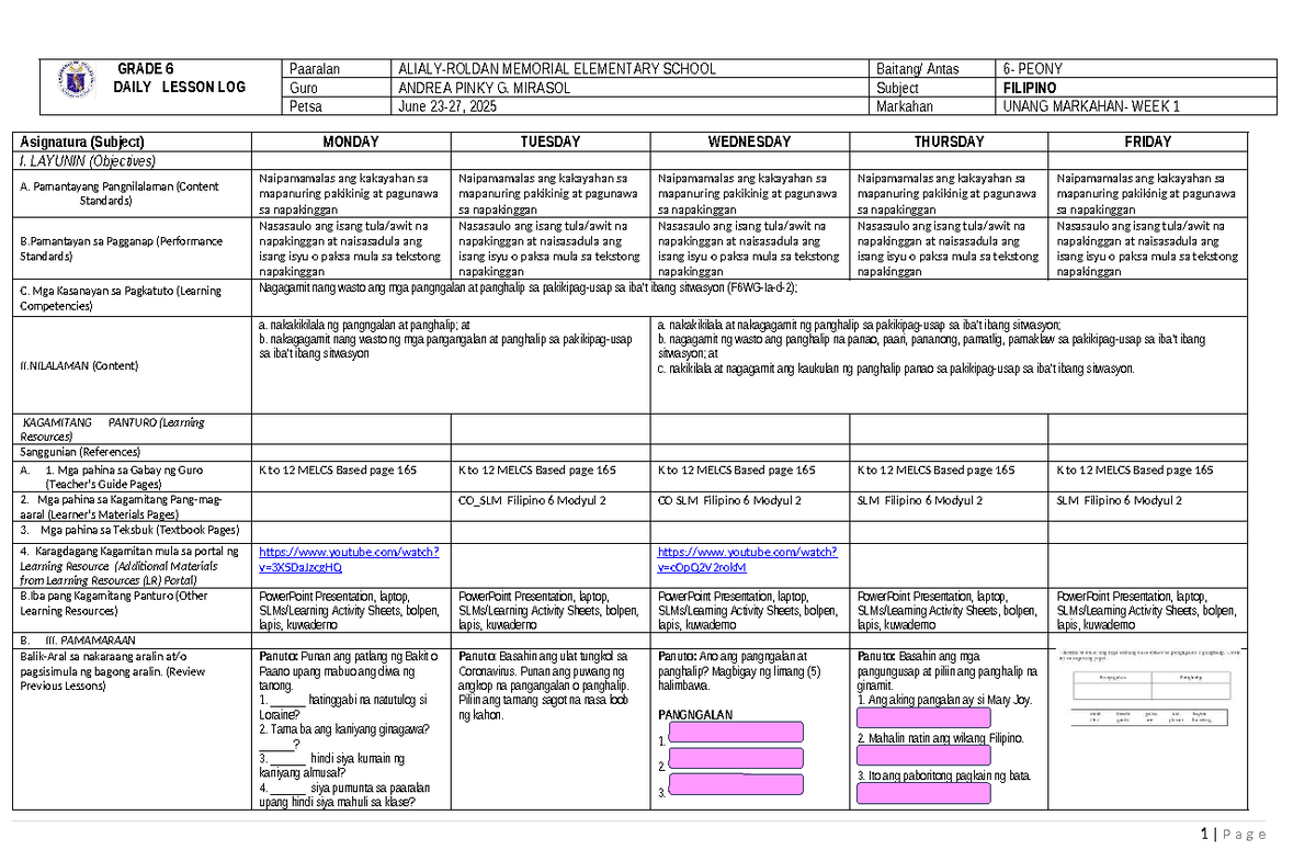 GRADE 6 FILIPINO DAILY LESSON LOG W2: Objectives & Activities - Studocu