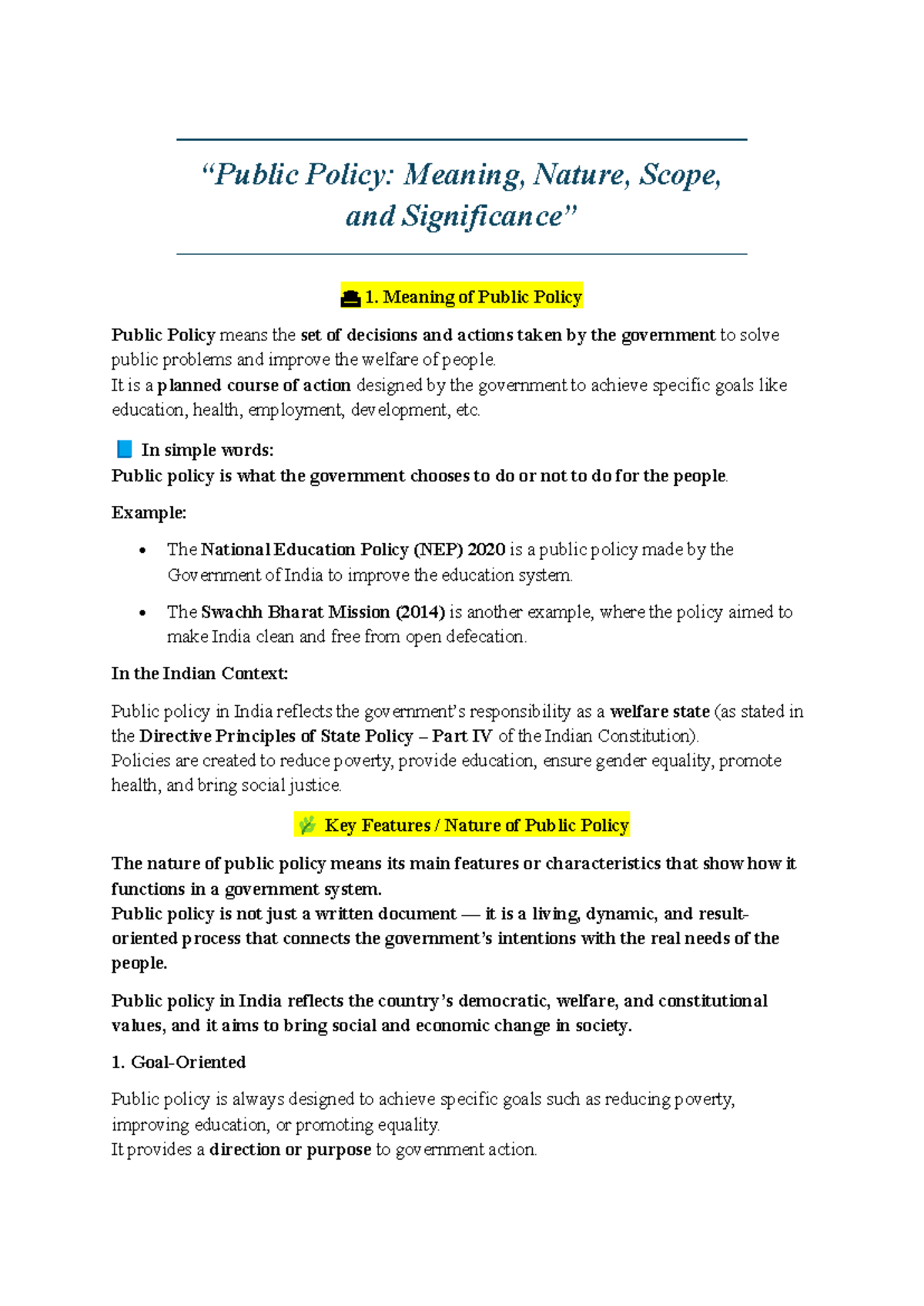 Public Policy: Meaning, Nature, Scope & Significance Overview - Studocu