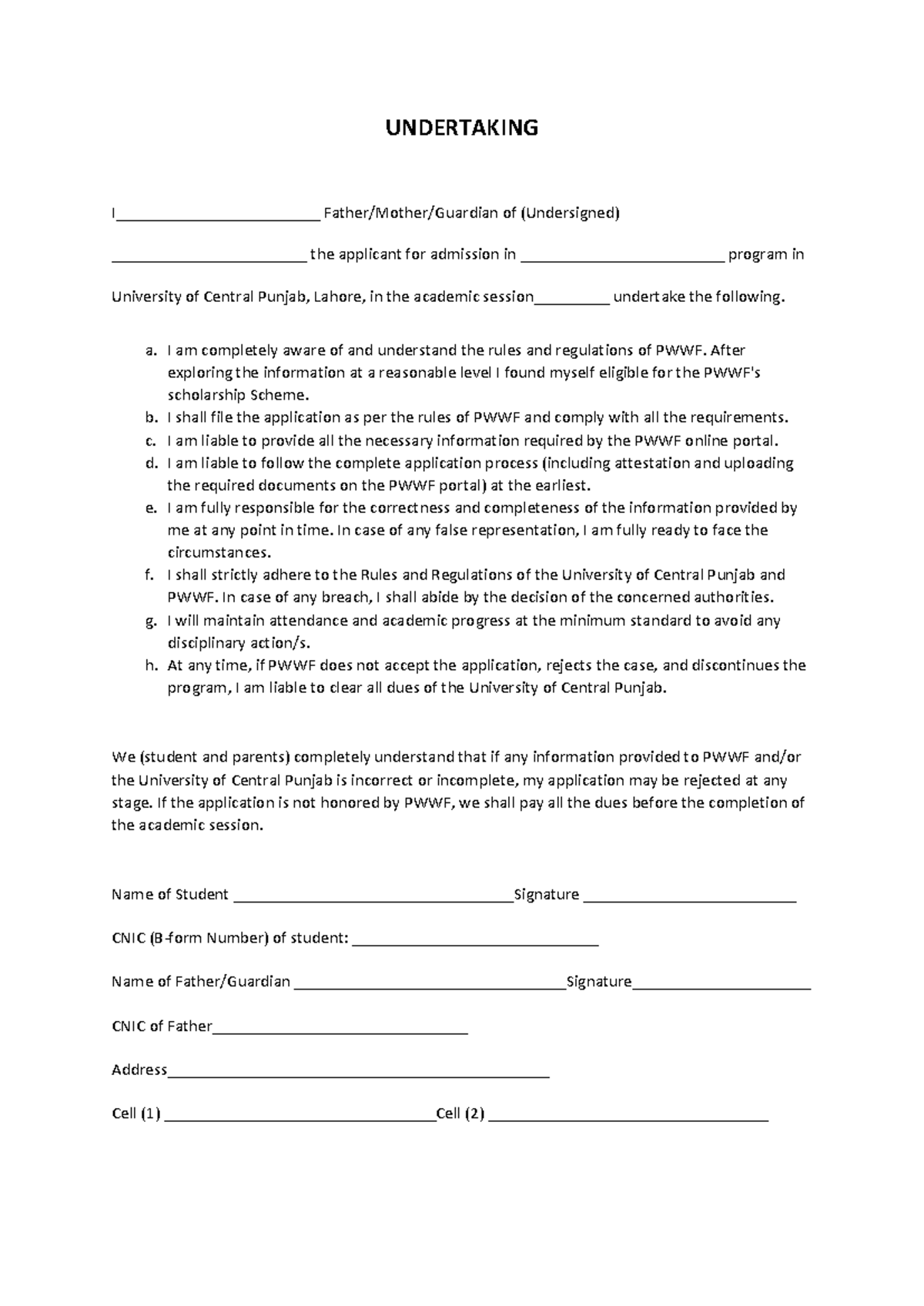 Undertaking Form for PWWF Admission - UCP Lahore - Studocu