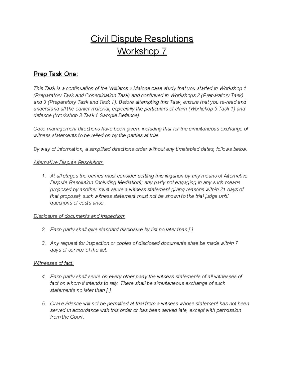Civil Dispute Resolution Workshop 7 CDR: Witness Statement Analysis ...