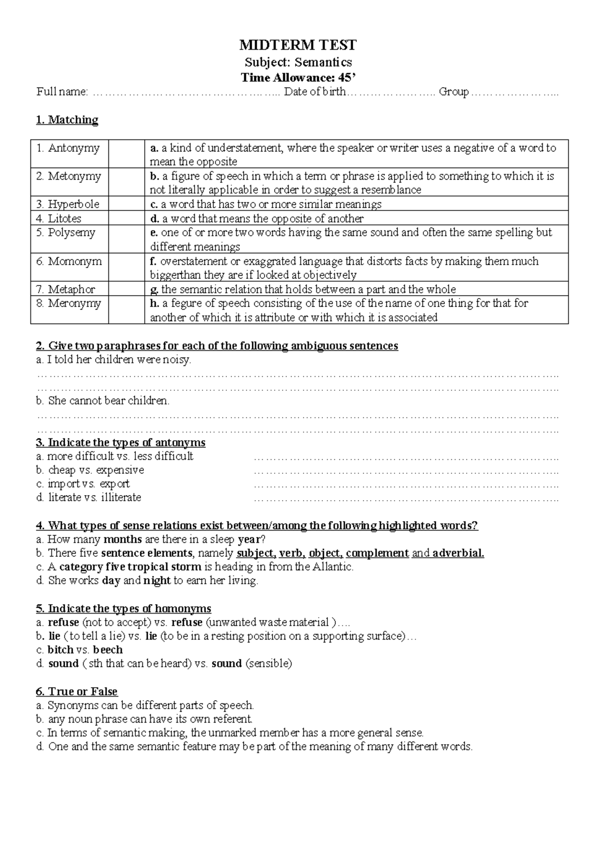 72479715 Sample Semantics Mid Term Test - MIDTERM TEST Subject ...