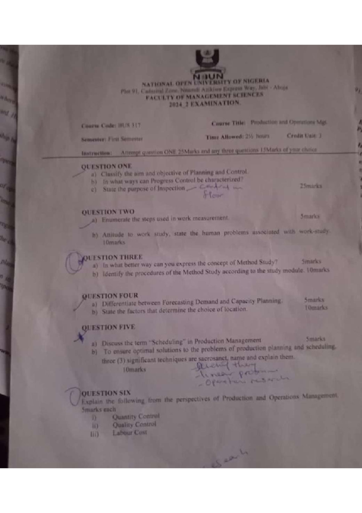 BUS 317: Production Management Final Exam Questions and Guidelines ...