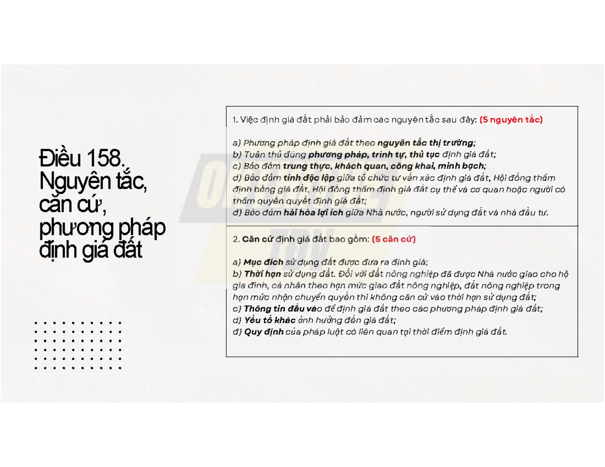 Luật Đất Điều 158: Nguyên Tắc và Phương Pháp Định Giá Đất - Studocu