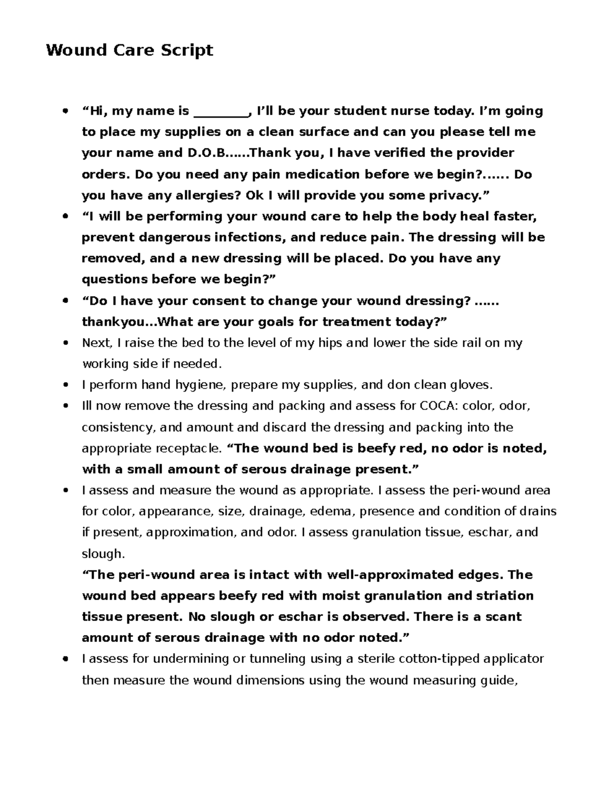 Wound Care Procedure Script for Nursing Students (NUR 101) - Studocu