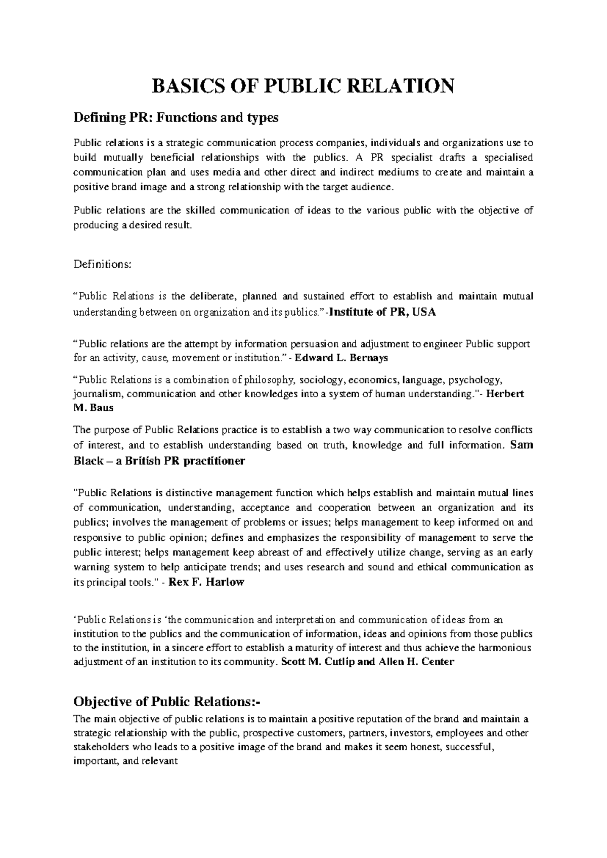Basics of Public Relations (PR) - Comprehensive Study Notes - Studocu